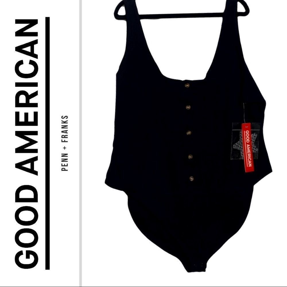 Good American Black Bodysuit Ribbed Button Detail size 7 NWT